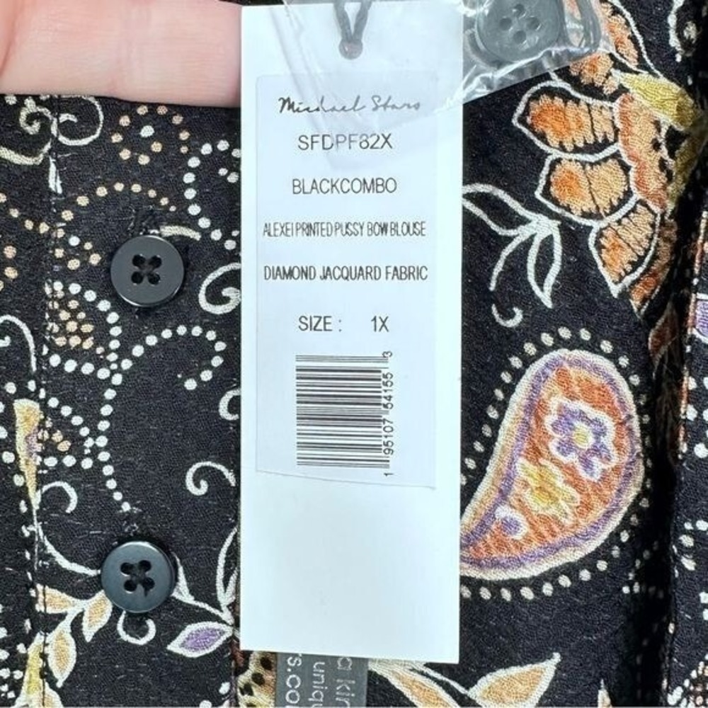 Michael Stars 1X Black Floral Printed Tie Bow Shirt Blouse Casual Office NEW - Picture 8 of 8